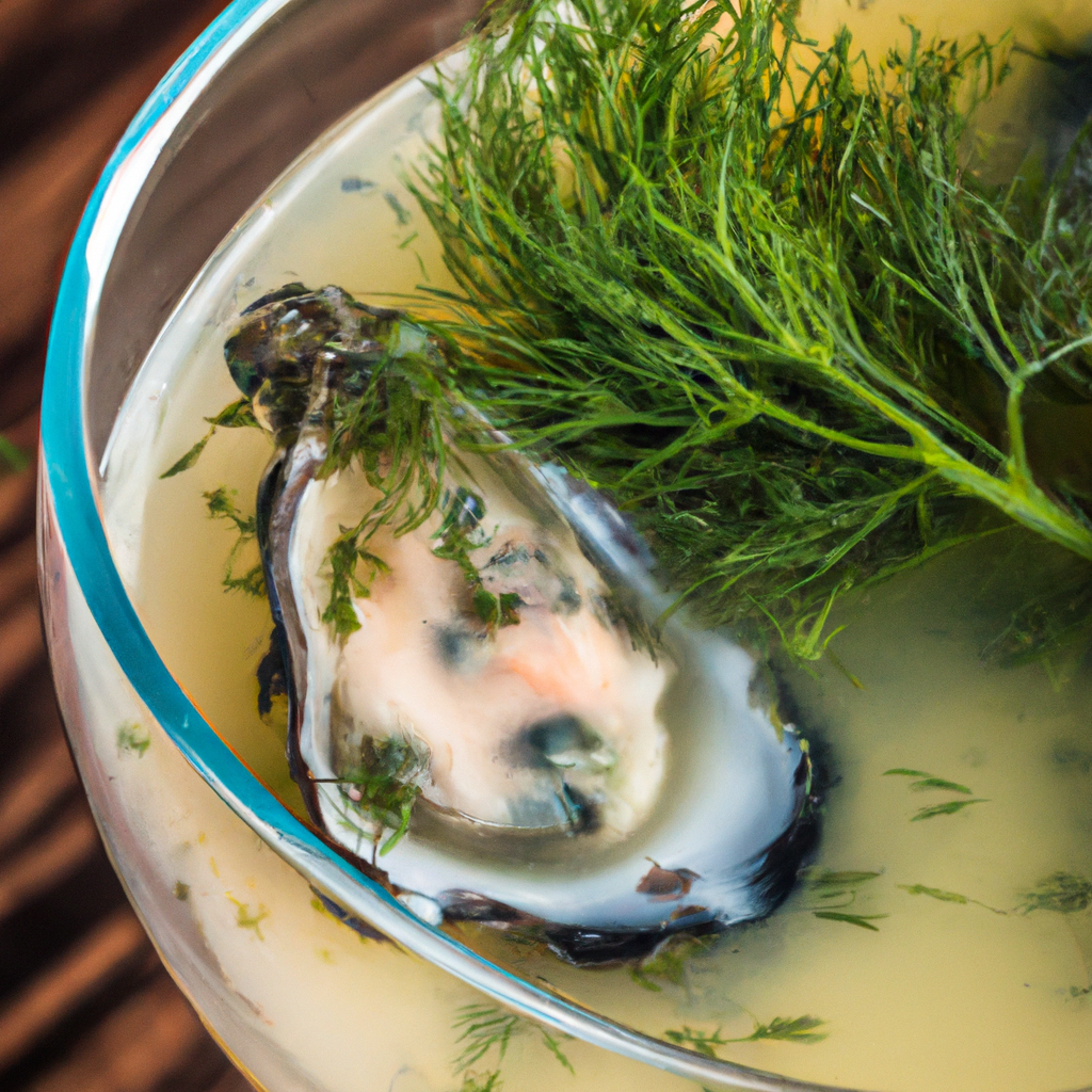 Chilled oyster soup served in a bowl with herbs and lemon zest
