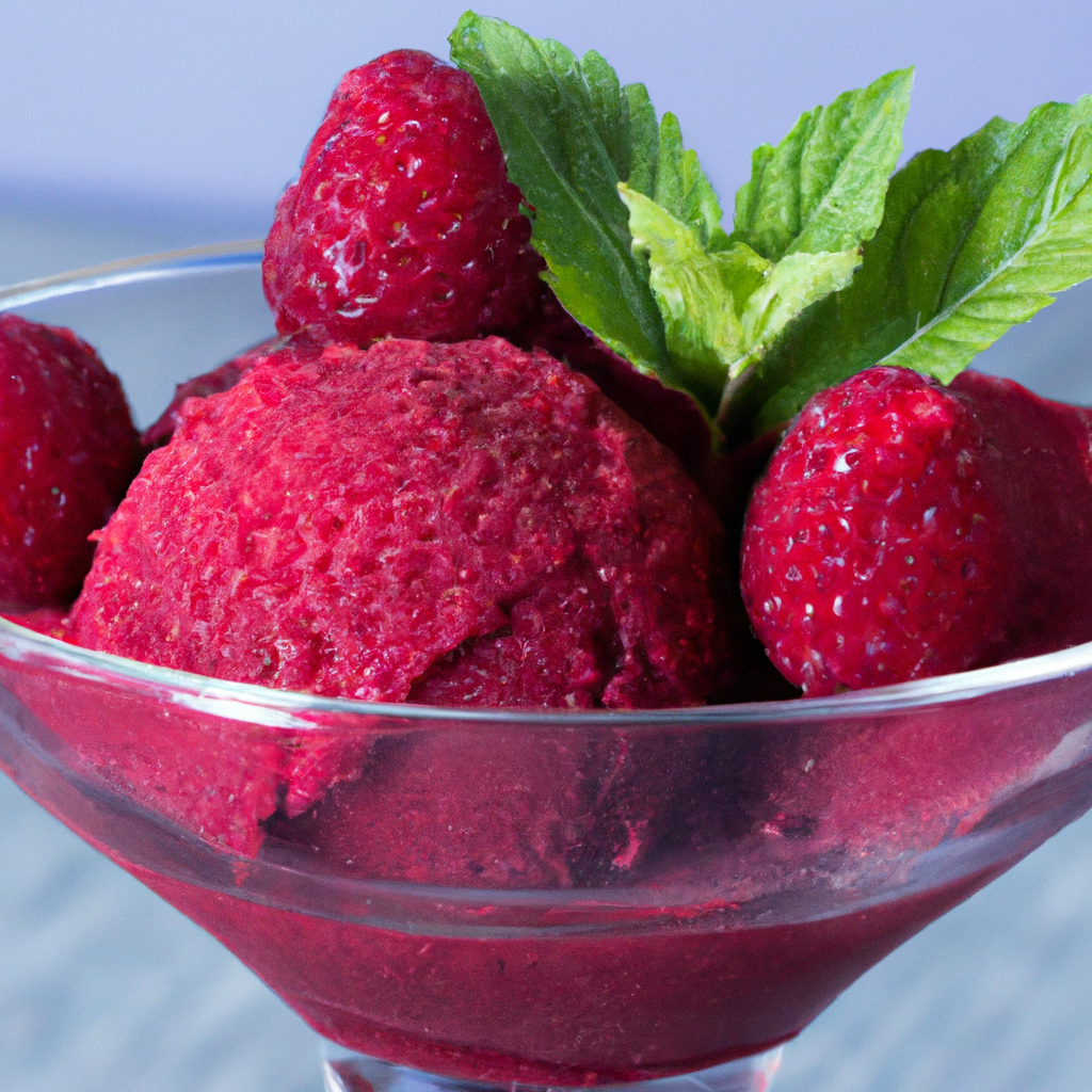 Homemade raspberry sorbet served in a glass with fresh raspberries