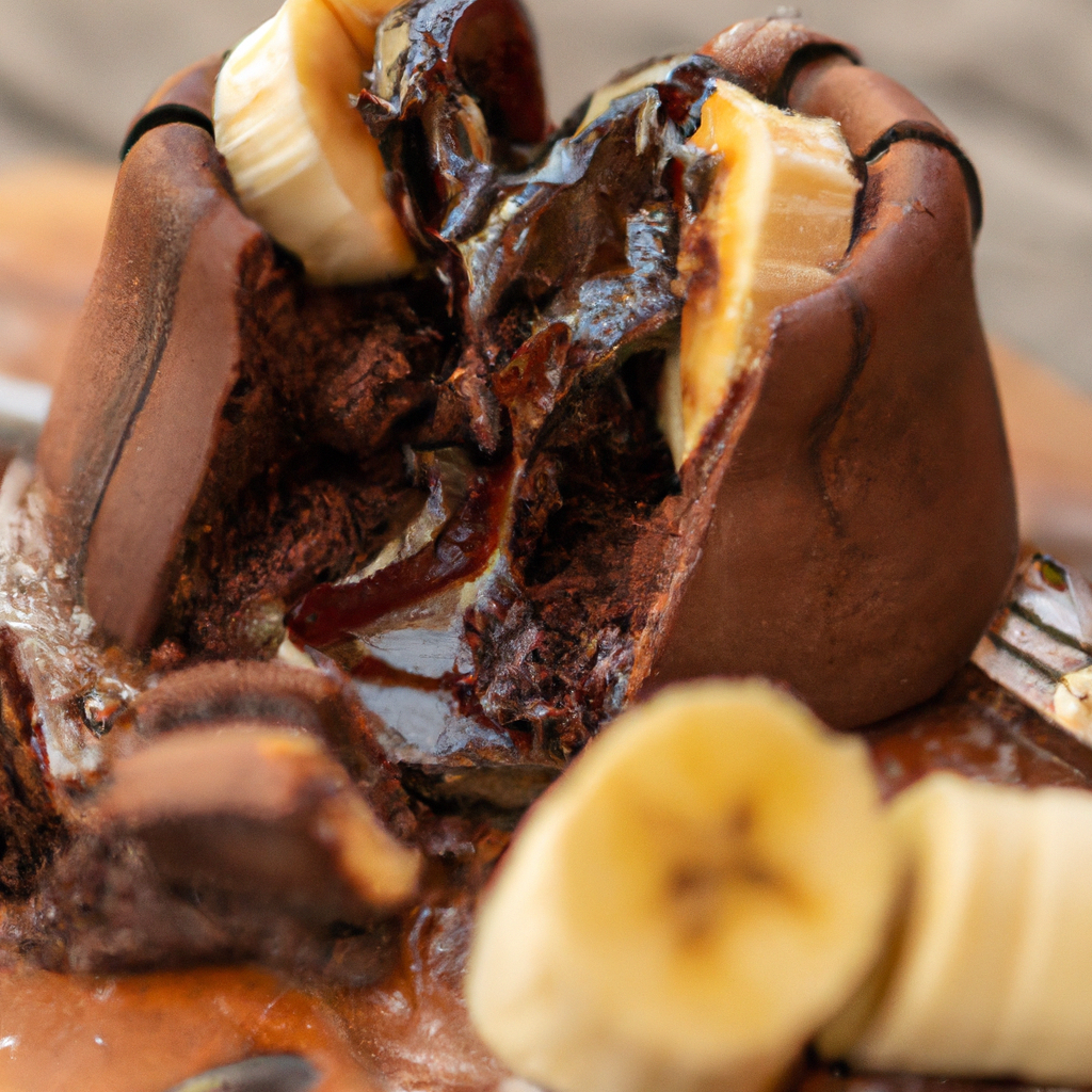 Moist chocolate banana cake with melted center and fresh banana slices