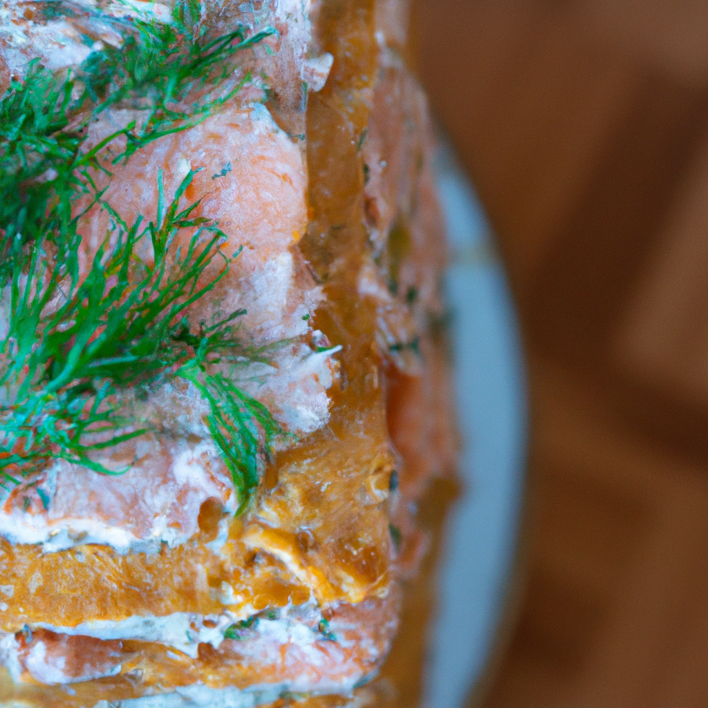Savory salmon and tarama cake garnished with dil