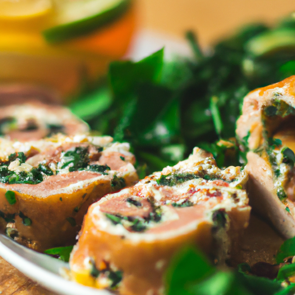 Half-Seared Salmon Roulade with Fourme d’Ambert & Spinach, Garden-Herb Vegetable Skewers, and Green-Lentil Whiting Cake - Recipes Pallace