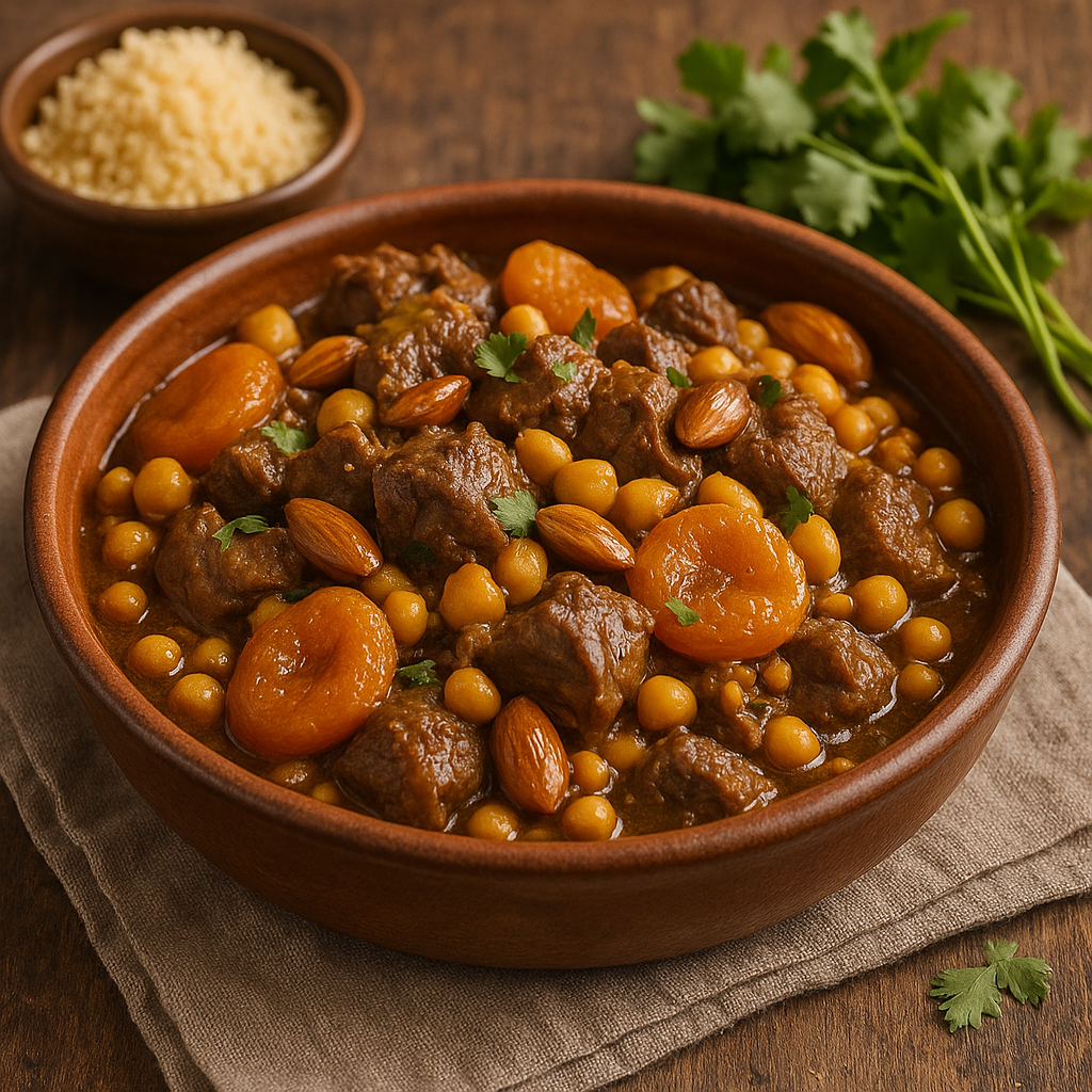 A Moroccan lamb tagine served in a traditional earthenware dish with apricots, almonds, and fresh herbs.
