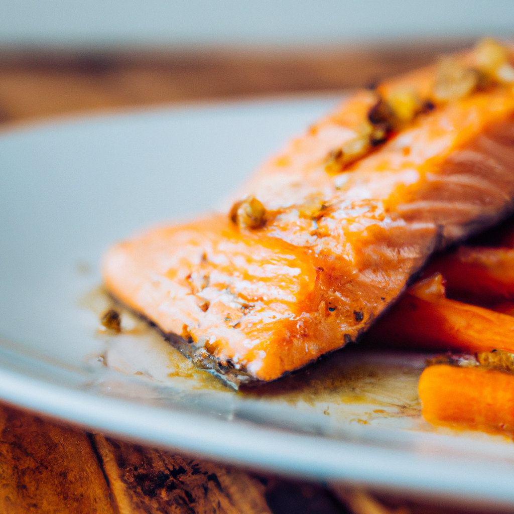 Salmon fillet topped with creamy vanilla bean sauce, served on a gray plate with herbs