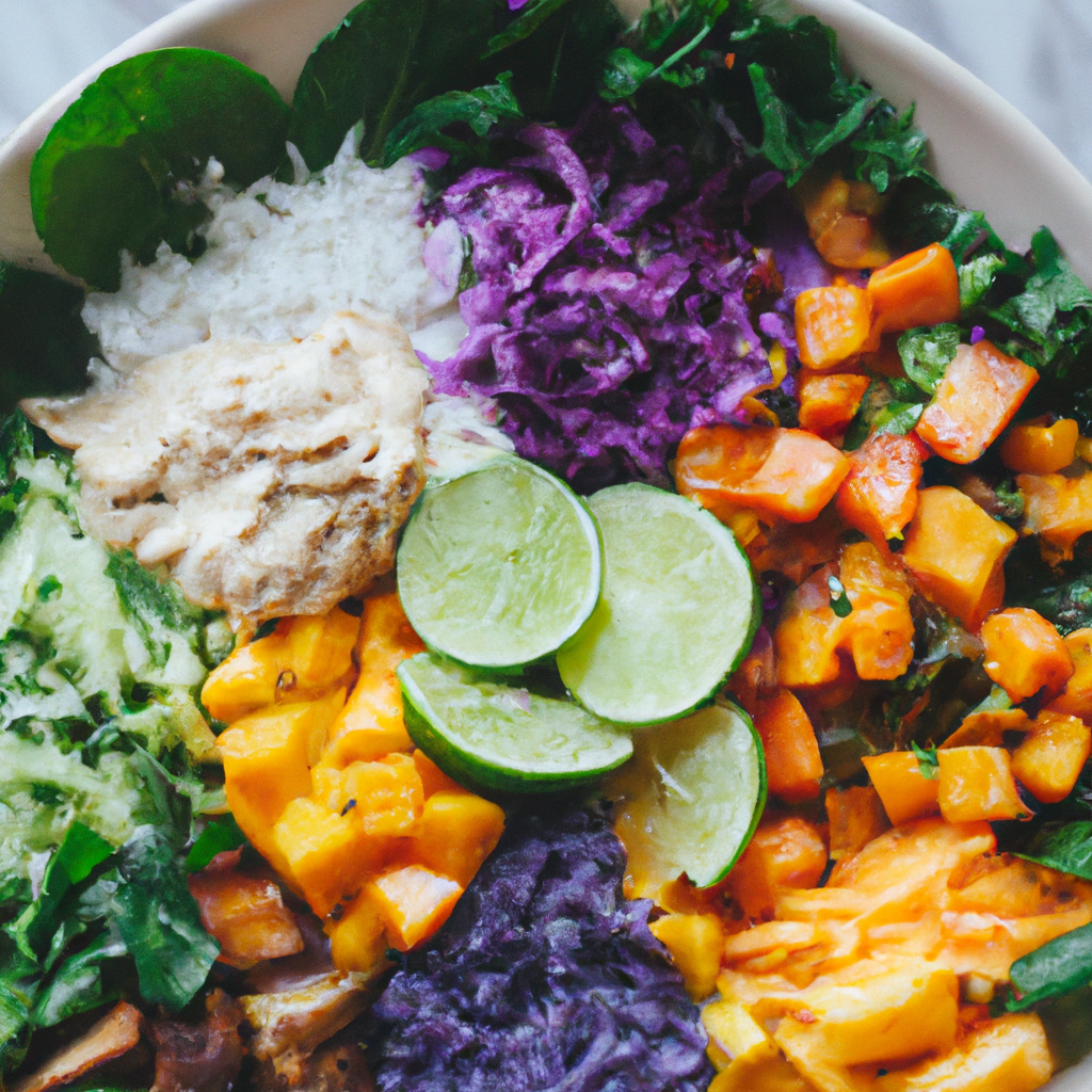 A vibrant Caribbean Buddha bowl with sweet potato cubes, black beans, sliced mango, avocado, and fresh herbs served in a white bowl.