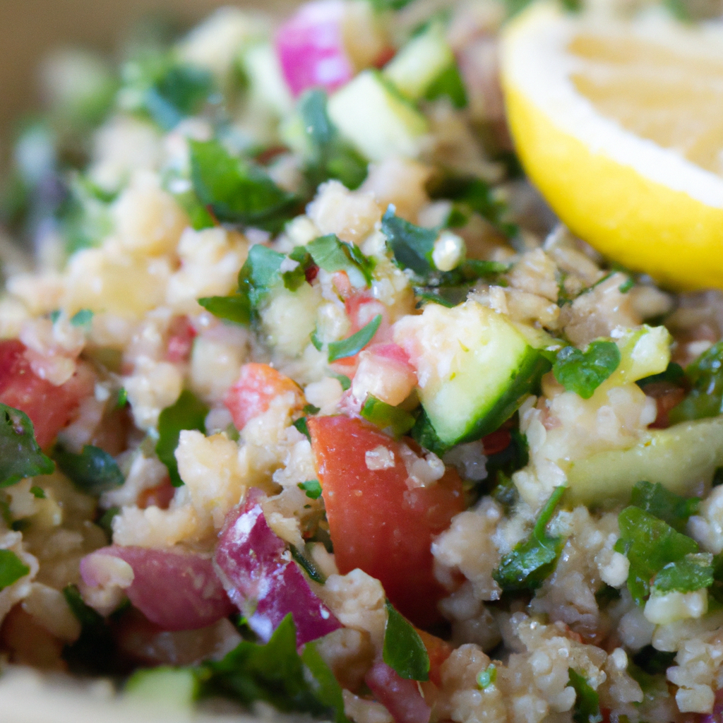A bowl of bulgur tabbouleh salad with chopped tomatoes, parsley, and mint, dressed with lemon juice and olive oil.
