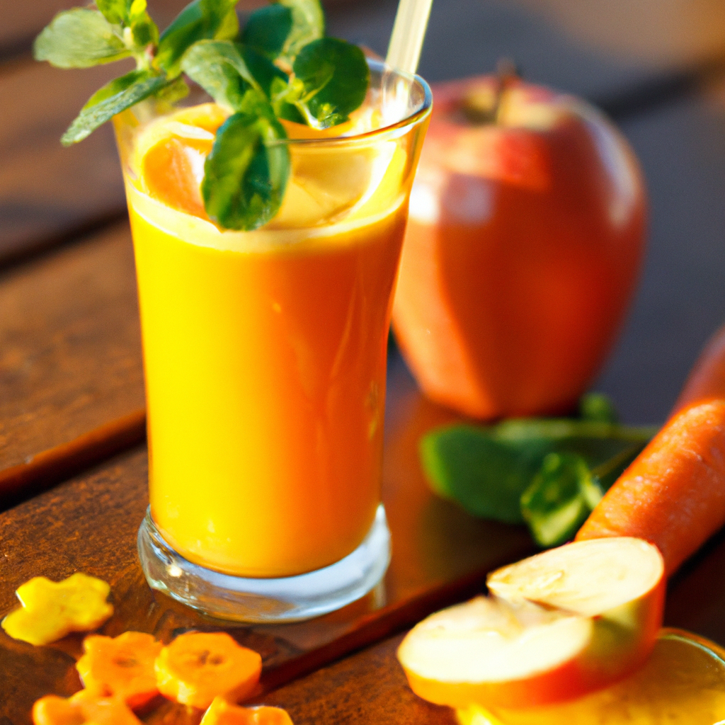 A glass of fresh apple orange carrot juice with vibrant orange color, served chilled with ice cubes and garnished with mint.