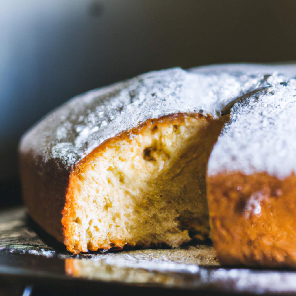 A slice of golden-brown yogurt cake served on a plate, showing its soft and airy texture, cooked in the air fryer.