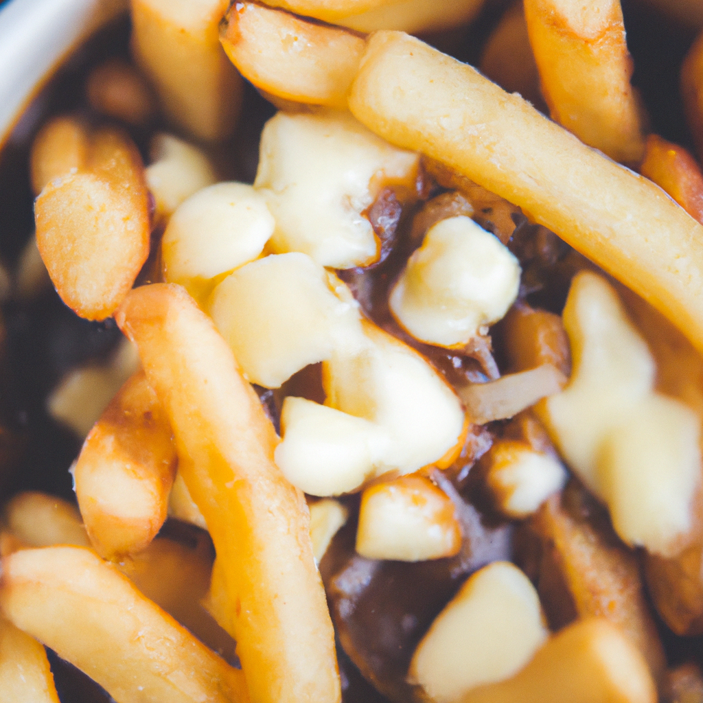 A ladle pouring rich brown poutine gravy over fries and cheese curds in a serving bowl.