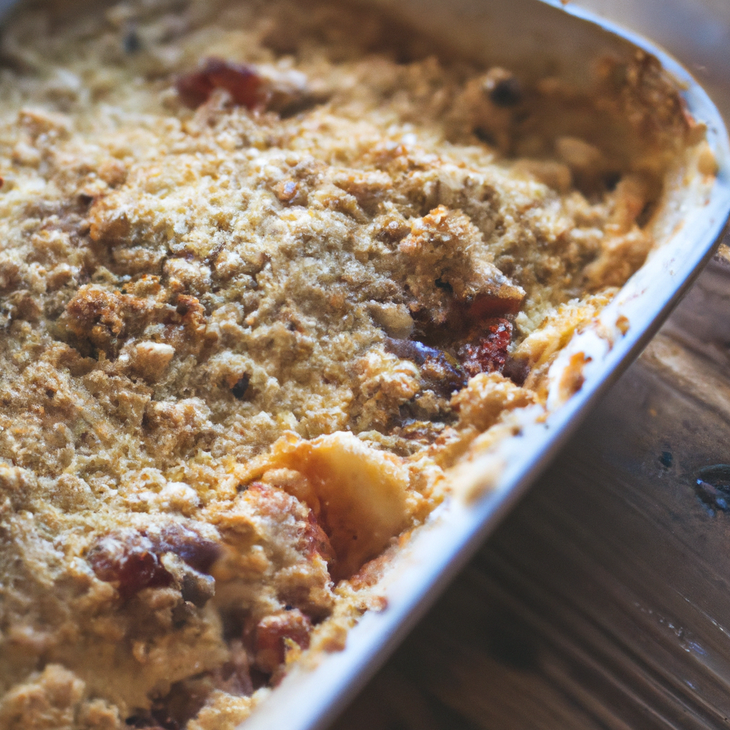 A serving of apple rhubarb and raisin crumble with a golden oat topping, plated with a scoop of vanilla ice cream.