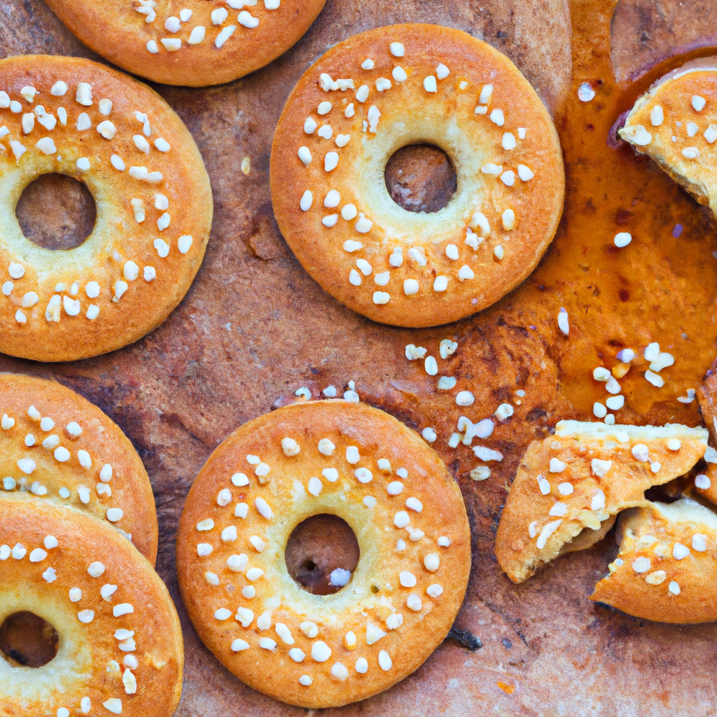 A stack of sesame-coated kaak ring biscuits with golden crust, shaped in circles and served with a cup of tea.