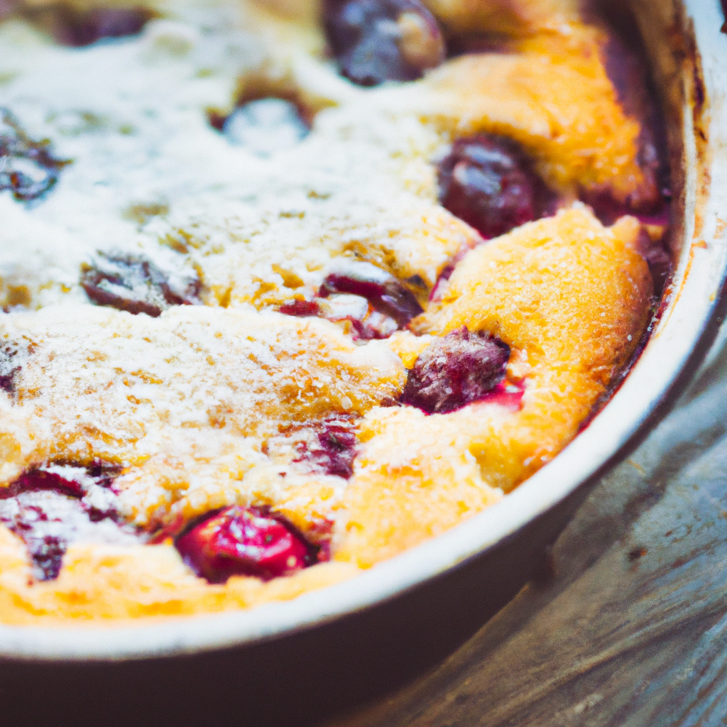 A slice of cherry clafoutis showing baked cherries in a golden, custard-like batter, dusted with powdered sugar.