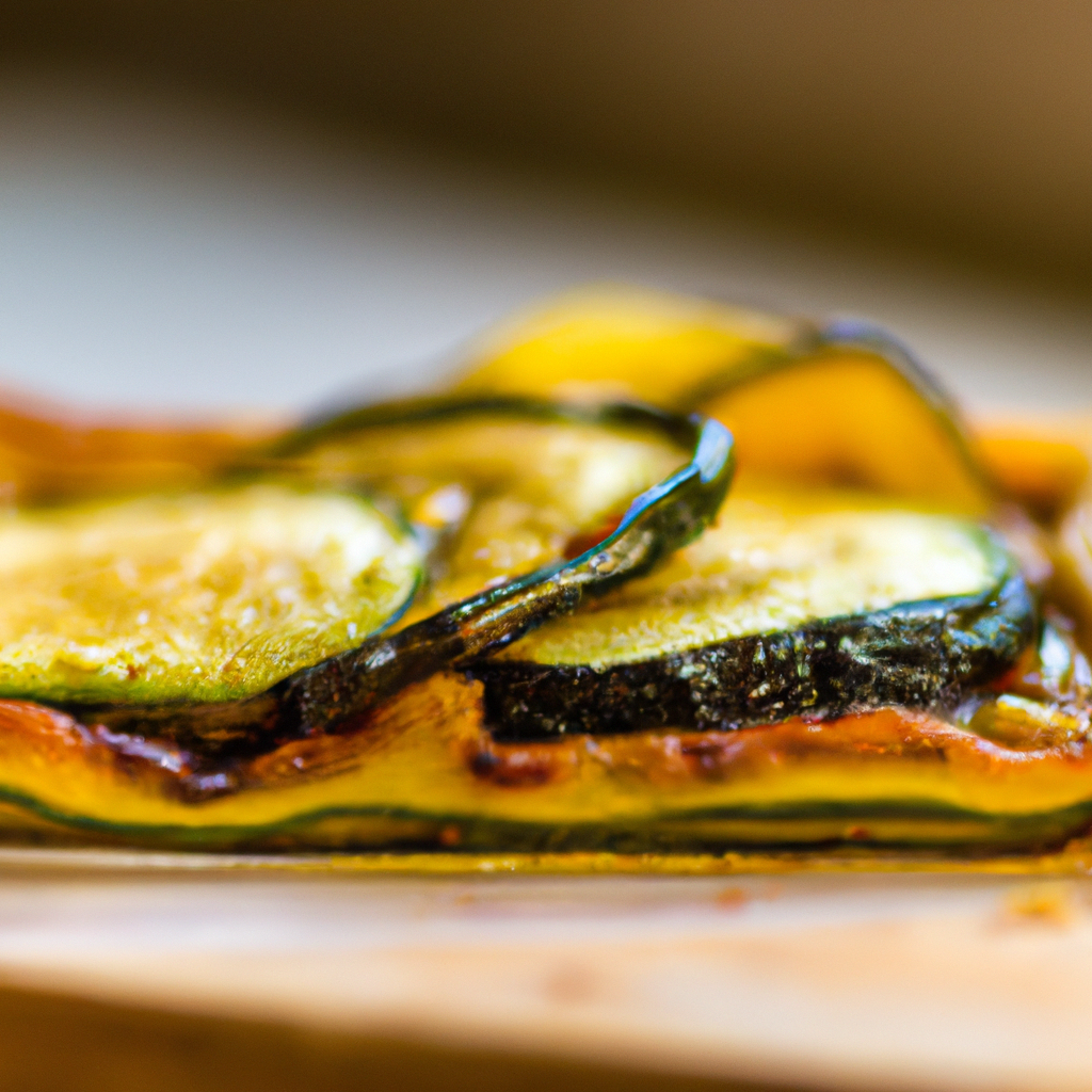 Golden zucchini tarte tatin inverted onto a plate, topped with glazed slices and cream cheese swirls.