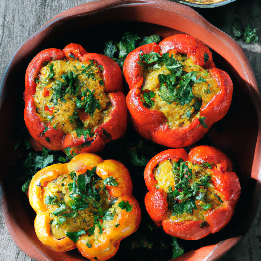 Colorful skillet with sautéed bell peppers and tomatoes, cooked in spices and herbs, served hot in a rustic pan.