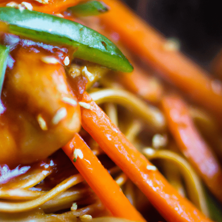Wok filled with spicy chicken strips, colorful vegetables, and stir-fried noodles coated in sauce.