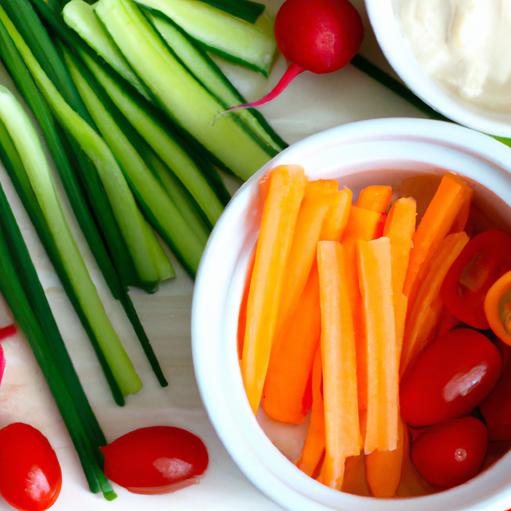 Fresh garden vegetable salad with Carré Frais cheese dip in a white bowl