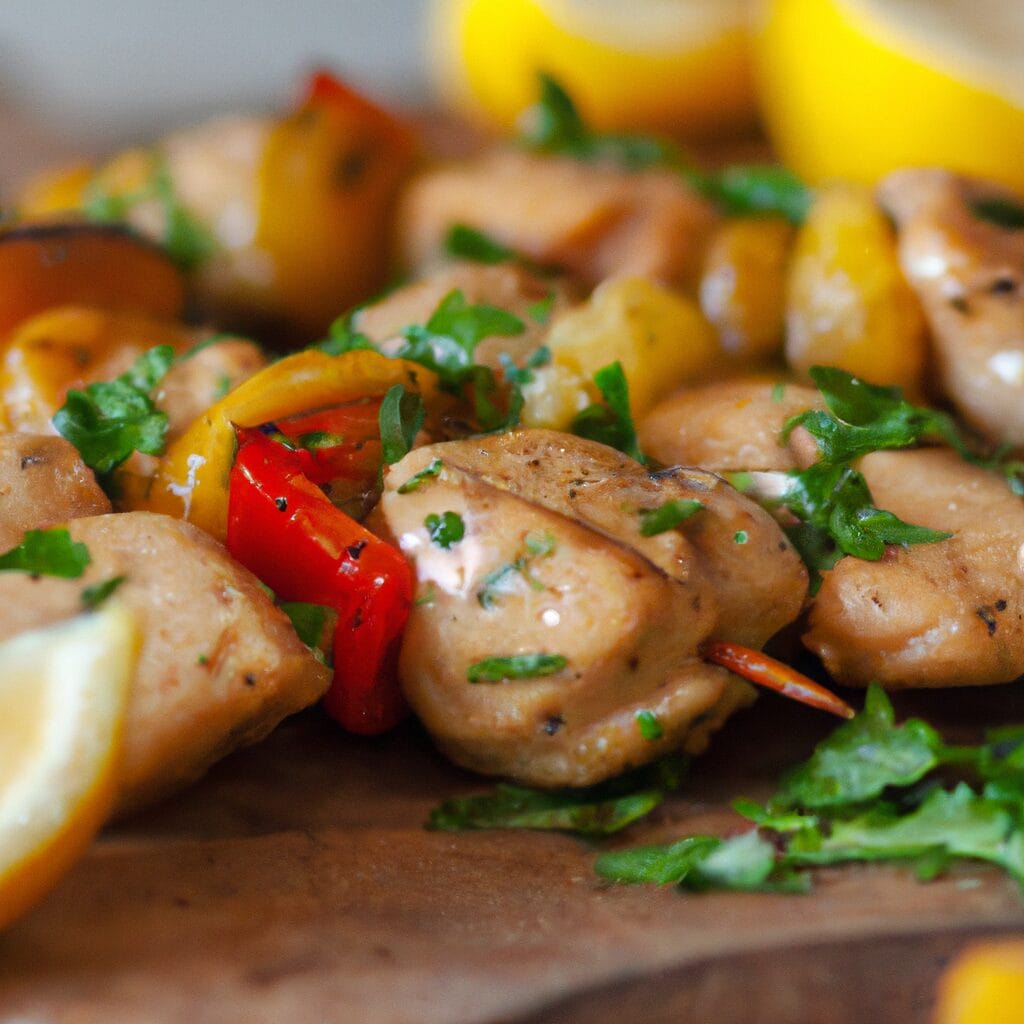 Grilled chicken and bell pepper skewers arranged on a plate with herbs and lemon wedges