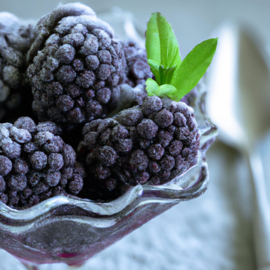 Vibrant homemade blackberry sorbet served in a bowl with fresh blackberries and mint leaves