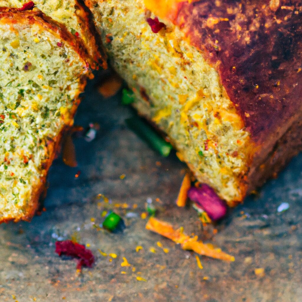 Golden loaf cake filled with colorful vegetables and Indian-inspired achard spices, sliced and served on a rustic wooden board.