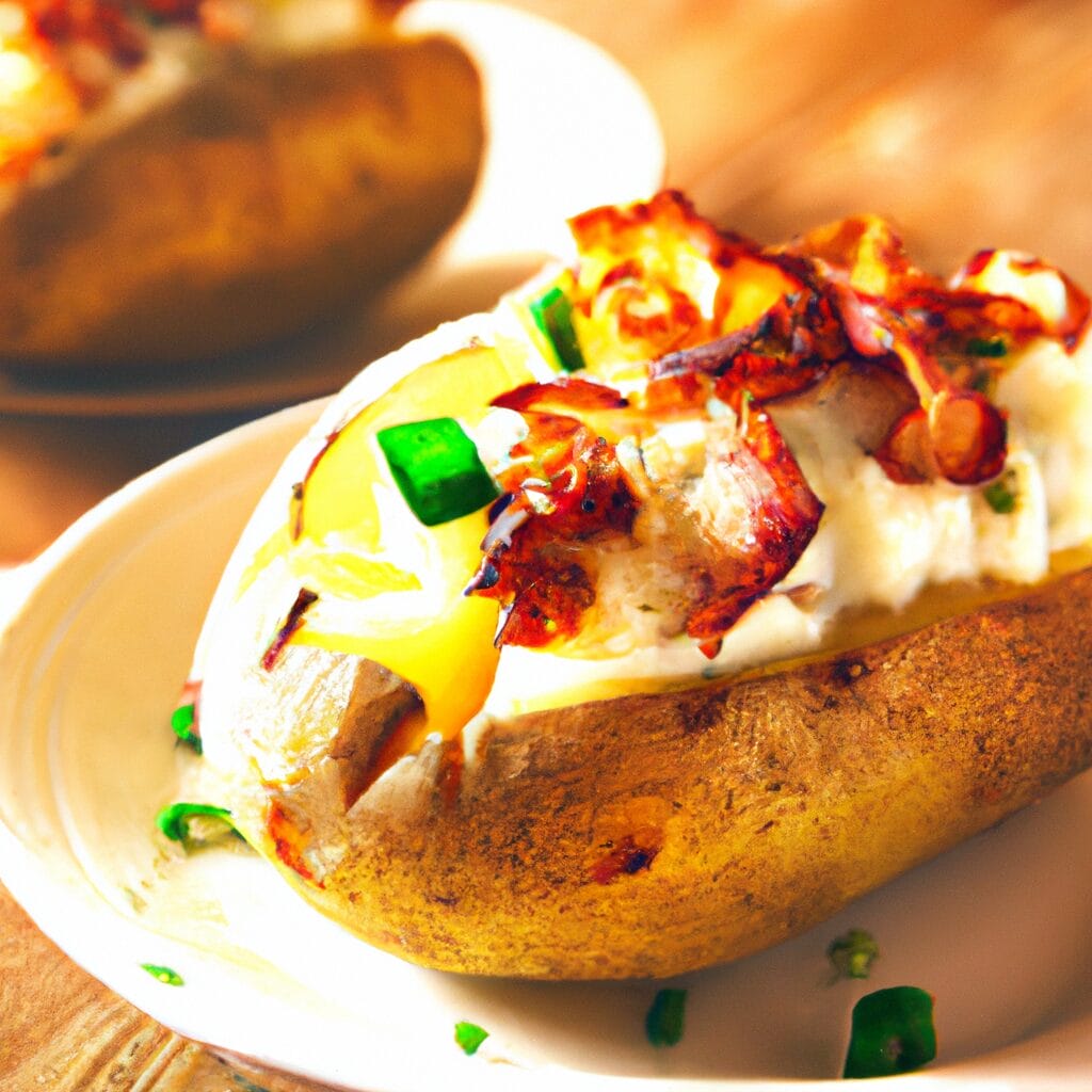 Golden baked potatoes stuffed with creamy Roquefort cheese, garnished with herbs