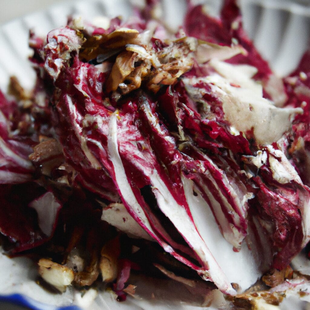 Elegant radicchio and Roquefort salad in a white bowl, topped with crushed walnuts and a drizzle of vinaigrette