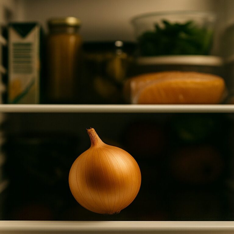 A fresh golden-brown onion stored in a refrigerator among other everyday foods, showing the best way to reduce tears while cutting onions.