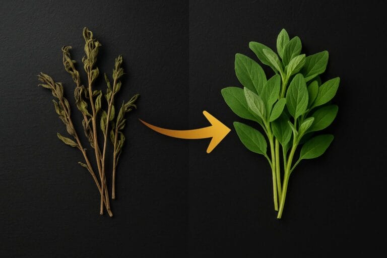 Before and after comparison of wilted herbs vs fresh herbs with golden arrow on black ceramic background