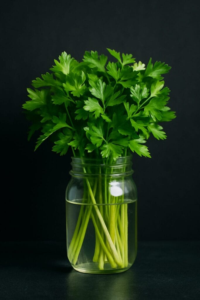 Parsley bouquet in a glass jar of water on a black ceramic background, fresh and vibrant