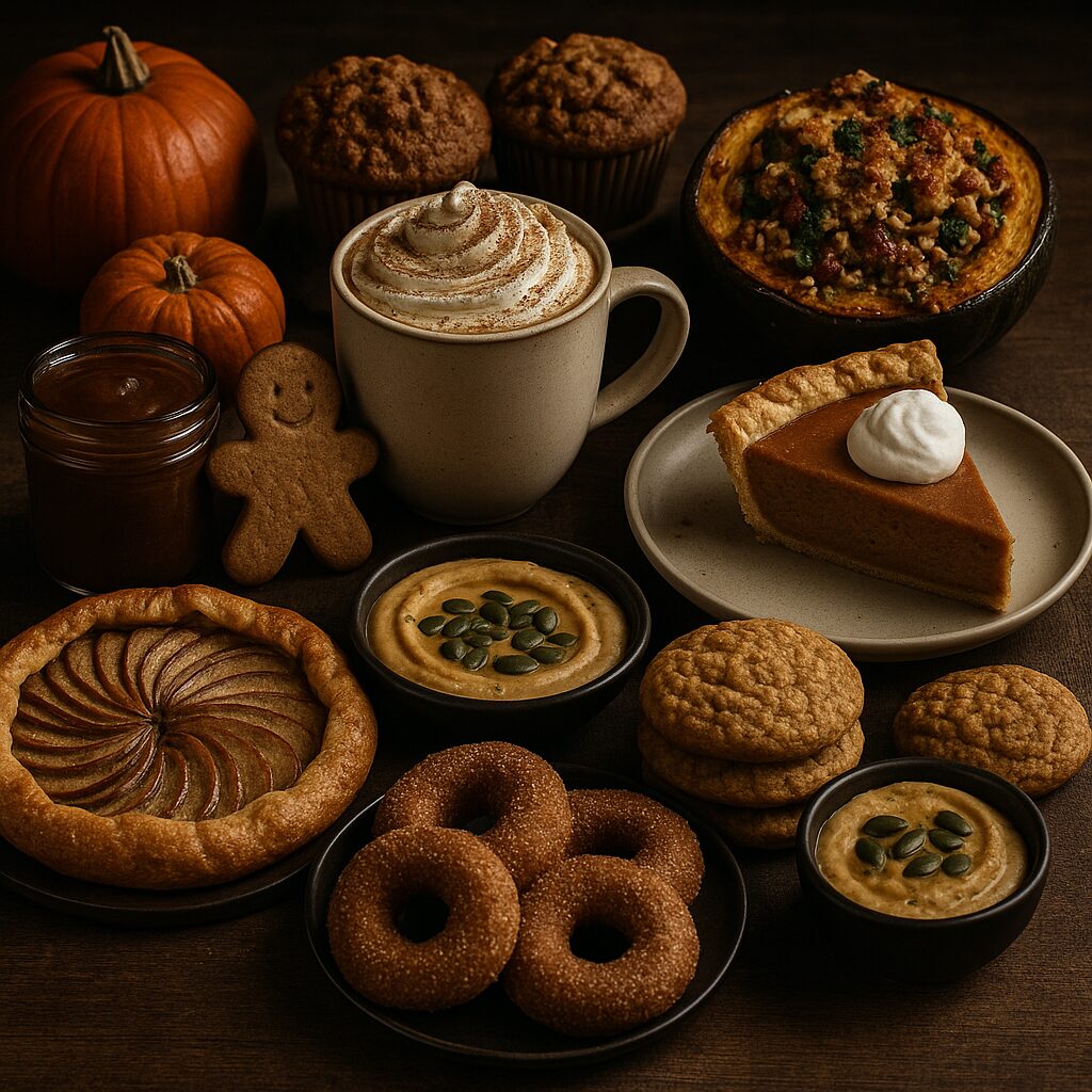 Top 10 Fall Recipes – Pumpkin Pie, Apple Galette, Donuts, and Spiced Latte on Rustic Table